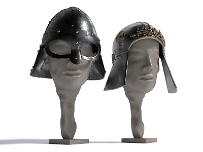 Antique Medieval Helmets With Ornate Metal Designs Displayed On Head Mannequins 3d model