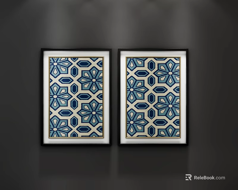 Framed Abstract Paintings With Blue White Geometric Decorative Patterns 3d model
