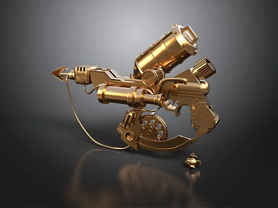 Golden Mechanical Weapon With Multiple Barrels Gears Steampunk Design and Metallic Luster 3d model