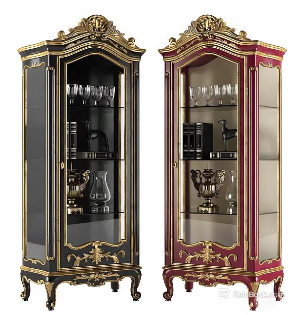 Classic Display Cabinets In Black And Red With Gold Accents Glass Doors Wine Glasses Decor 3d model 