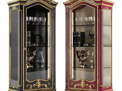 Classic Display Cabinets In Black And Red With Gold Accents Glass Doors Wine Glasses Decor 3d model