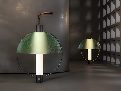 Modern Green Glass Table Lamp With Copper Accent And Circular Frame Design 3d model