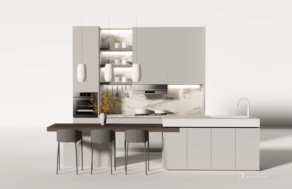 Modern Kitchen Interior Design With White Cabinets Marble Island And Hanging Lights 3d model 