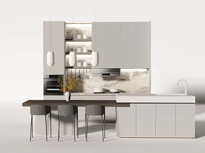 Modern Kitchen Interior Design With White Cabinets Marble Island And Hanging Lights 3d model