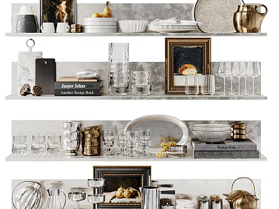 Elegant Kitchenware Display On Shelves With Plates Glasses Kettle And Framed Art 3d model