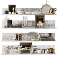Elegant Kitchenware Display On Shelves With Plates Glasses Kettle And Framed Art