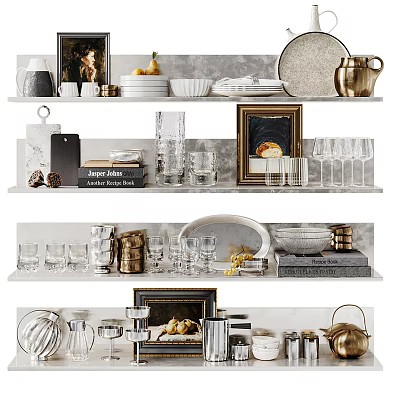 Elegant Kitchenware Display On Shelves With Plates Glasses Kettle And Framed Art 3d model