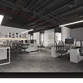 Modern Public Office Space Interior With Open Layout Desks Computers Wall Decor And Linear Lights 3d model