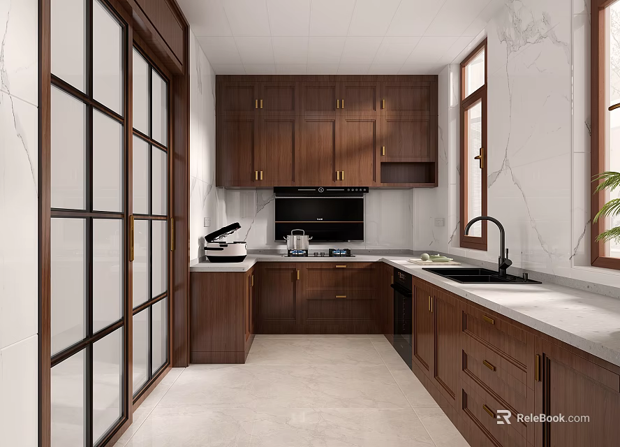 Classic Kitchen Interior With Dark Wooden Cabinets White Countertops Glass Door Cabinets And Window 3d model 