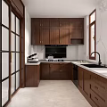 Classic Kitchen Interior With Dark Wooden Cabinets White Countertops Glass Door Cabinets And Window