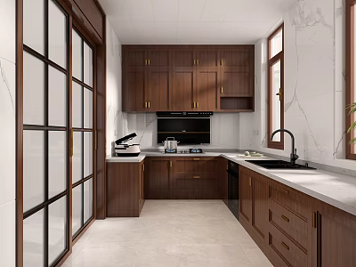 Classic Kitchen Interior With Dark Wooden Cabinets White Countertops Glass Door Cabinets And Window 3d model