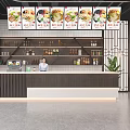 Modern Store Front Counter With Menu Display Screens Shelves Green Plant And Staff Member