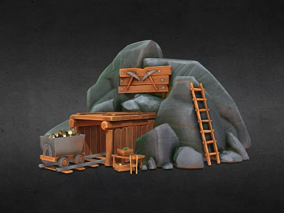 Mining Cave Scene With Wooden Chest Ladder Mine Cart And Gold Coins 3d model