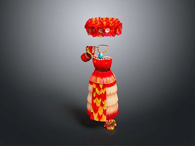 Man In Traditional Red Costume With Ornate Headpiece And Decorative Gold Accents 3d model