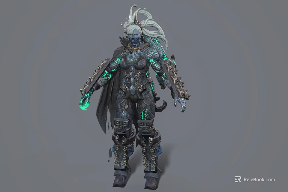Epic Fantasy Game Character With Silver Hair Mechanical Armor And Green Glowing Accents 3d model 