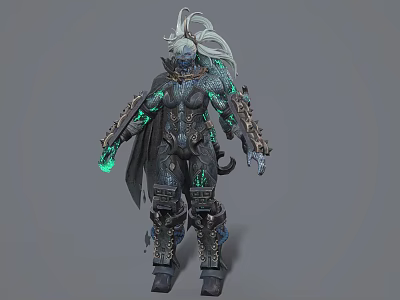 Epic Fantasy Game Character With Silver Hair Mechanical Armor And Green Glowing Accents 3d model
