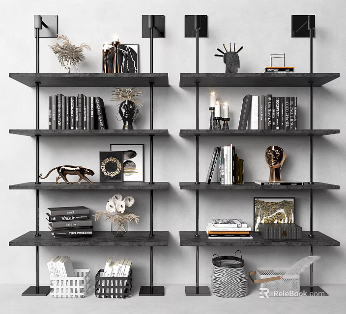 Modern Multi Tier Bookshelf With Books Decorative Sculptures Vases And Framed Art 3d model 