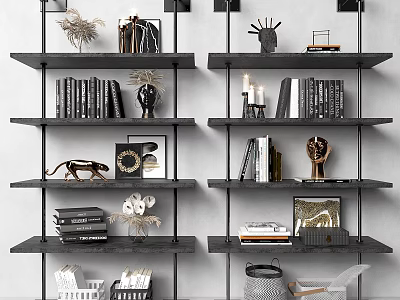 Modern Multi Tier Bookshelf With Books Decorative Sculptures Vases And Framed Art 3d model