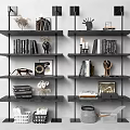 Modern Multi Tier Bookshelf With Books Decorative Sculptures Vases And Framed Art
