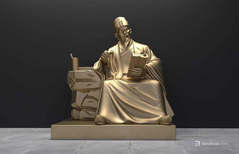 Golden Ancient Figure Sculpture Carving With Robes Hat And Book On Pedestal 3d model 