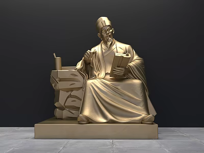 Golden Ancient Figure Sculpture Carving With Robes Hat And Book On Pedestal 3d model