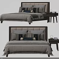 Modern Double Bed With Wooden Headboard Decorative Pillows And Side Nightstand Setup 3d model