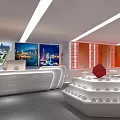 Modern Mall Store Interior With White Display Counters And Orange Wall Decor 3d model