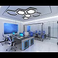 Modern Conference Room Interior With Hexagonal Ceiling Lights Blue Chairs And Large Screens 3d model