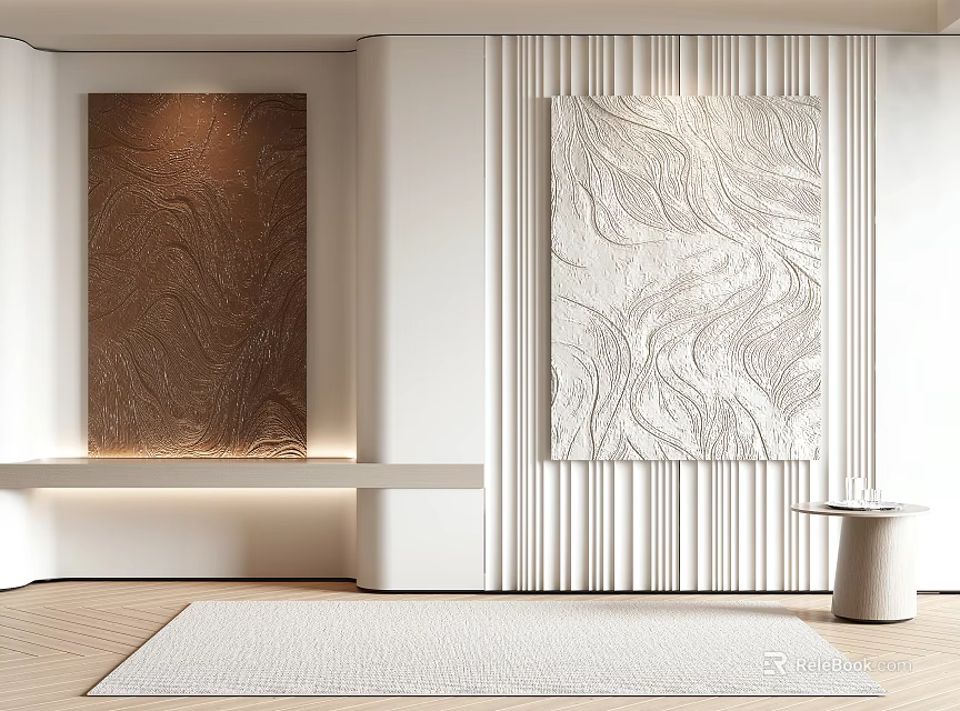 Modern Minimalist Interior With Art Panels Slat Wall And Rug 3d model 