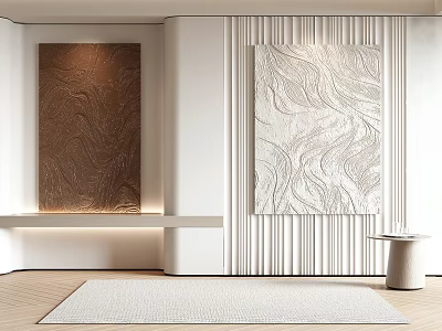 Modern Minimalist Interior With Art Panels Slat Wall And Rug 3d model