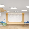 Bright Kindergarten Interior With Cloud Shaped Ceiling Wooden Elements And Wavy Wall Patterns 3d model