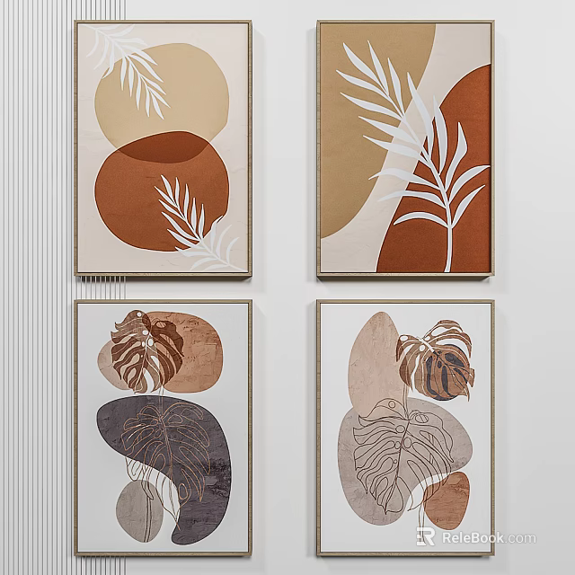 Modern Framed Wall Art With Leaf And Geometric Patterns In Warm Tones 3d model