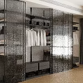 Modern Wardrobe Interior With Black Glass Partitions Hanging White Shirts And Storage Shelves