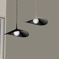 Two Modern Illuminated Cone Shaped Pendant Lights In Room Corner With Window Blinds