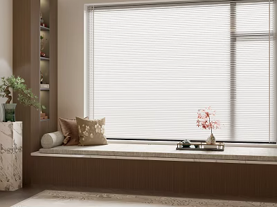 Cozy Bay Window Seat With Venetian Blinds Decorative Pillows Tray Table And Flower Vase 3d model