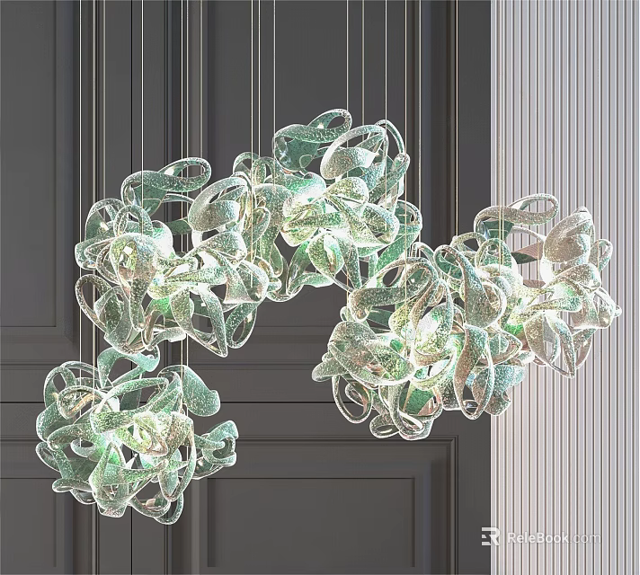 Unique Artistic Green Transparent Petal Shaped Chandelier In Modern Interior Room 3d model 