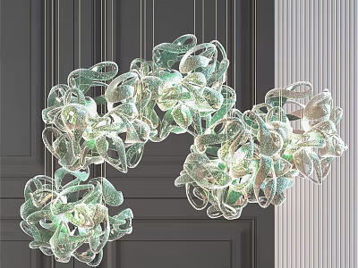 Unique Artistic Green Transparent Petal Shaped Chandelier In Modern Interior Room 3d model
