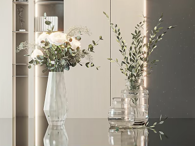 White Vase with White Roses and Green Foliage Beside Transparent Glass Vases 3d model
