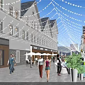 Bustling Commercial Street With Modern Buildings String Lights Shops Pedestrians And Vibrant Atmosphere