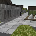 Modern Architectural Complex With Wooden Structure Green Trees Stone Steps And Pedestrians Walking