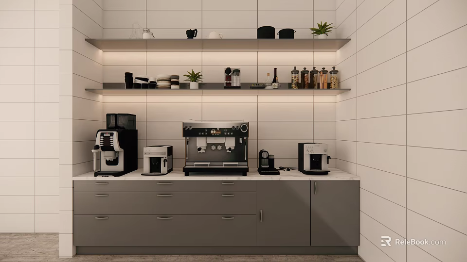 Modern Kitchen Counter With Various Coffee Makers And Appliances On Grey Cabinets 3d model 
