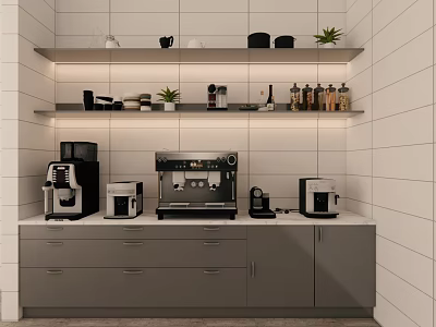Modern Kitchen Counter With Various Coffee Makers And Appliances On Grey Cabinets 3d model