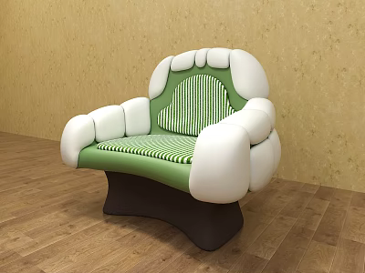 Stylish Single Sofa With Green White Striped Cushion White Armrests And Dark Brown Legs 3d model