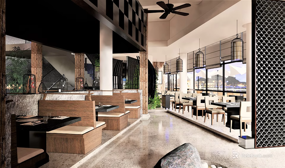 Modern Restaurant Interior With Booth Seating Wooden Tables Pendant Lights Ceiling Fan And Large Windows 3d model 