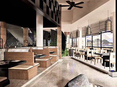 Modern Restaurant Interior With Booth Seating Wooden Tables Pendant Lights Ceiling Fan And Large Windows 3d model