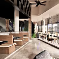 Modern Restaurant Interior With Booth Seating Wooden Tables Pendant Lights Ceiling Fan And Large Windows