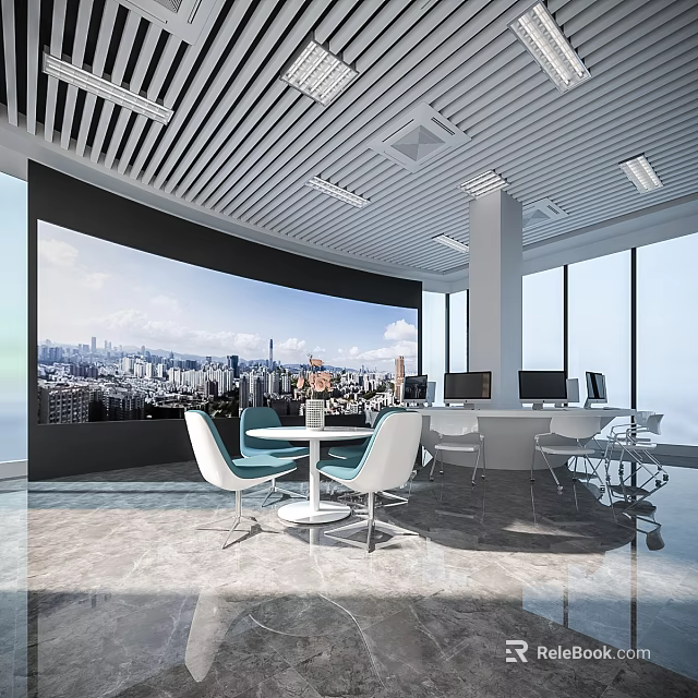 Modern Public Office Area With Large Windows City Skyline And Comfortable Tables Chairs 3d model 