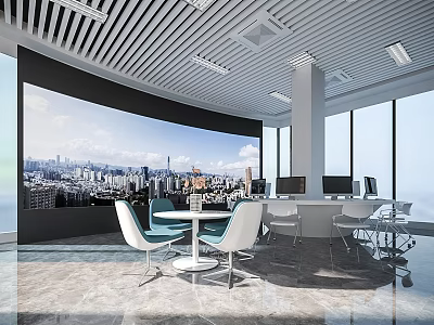 Modern Public Office Area With Large Windows City Skyline And Comfortable Tables Chairs 3d model