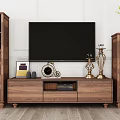 Wooden TV Stand With Bookcases Clock Candle Holders And Vases In Living Room