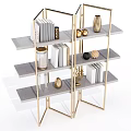 Modern Room Divider Shelf With Gold Frame Glass Panels And Decorative Items